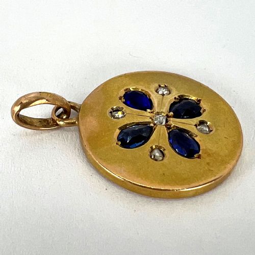 FRENCH LUCKY FOUR LEAF CLOVER 18K YELLOW GOLD SAPPHIRE DIAMOND CHARM PENDANT - ADDITIONAL PHOTO 14