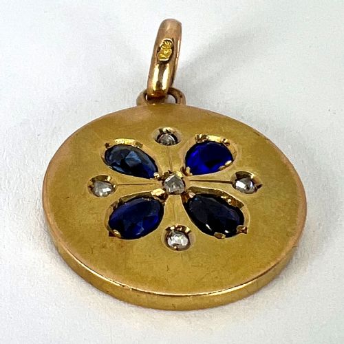 FRENCH LUCKY FOUR LEAF CLOVER 18K YELLOW GOLD SAPPHIRE DIAMOND CHARM PENDANT - ADDITIONAL PHOTO 15