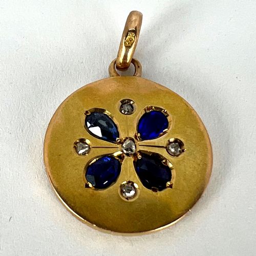 FRENCH LUCKY FOUR LEAF CLOVER 18K YELLOW GOLD SAPPHIRE DIAMOND CHARM PENDANT - ADDITIONAL PHOTO 16