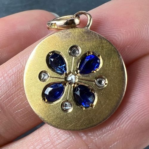 FRENCH LUCKY FOUR LEAF CLOVER 18K YELLOW GOLD SAPPHIRE DIAMOND CHARM PENDANT - ADDITIONAL PHOTO 23