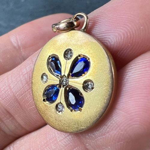 FRENCH LUCKY FOUR LEAF CLOVER 18K YELLOW GOLD SAPPHIRE DIAMOND CHARM PENDANT - ADDITIONAL PHOTO 26