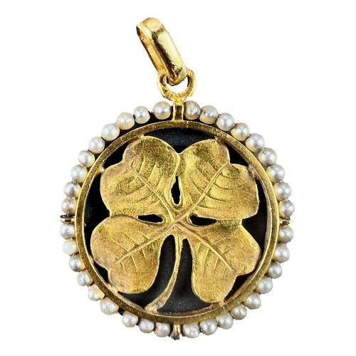 french lucky shamrock four leaf clover 18k yellow gold pearl charm pendant - CATEGORY: ANTIQUE JEWELLERY - DATED 1910