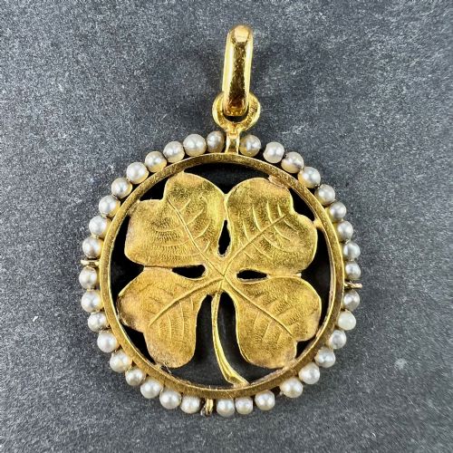 FRENCH LUCKY SHAMROCK FOUR LEAF CLOVER 18K YELLOW GOLD PEARL CHARM PENDANT - ADDITIONAL PHOTO 1