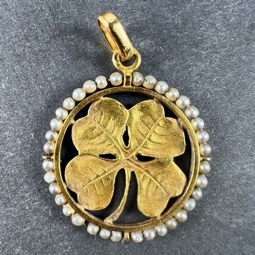 FRENCH LUCKY SHAMROCK FOUR LEAF CLOVER 18K YELLOW GOLD PEARL CHARM PENDANT - ADDITIONAL PHOTO 2