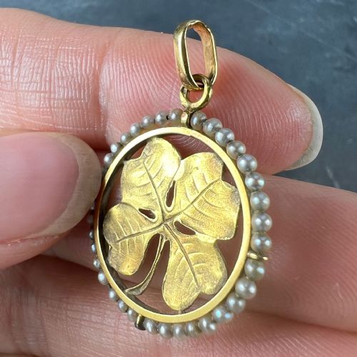 FRENCH LUCKY SHAMROCK FOUR LEAF CLOVER 18K YELLOW GOLD PEARL CHARM PENDANT - ADDITIONAL PHOTO 5