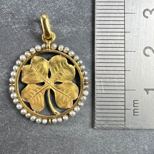 FRENCH LUCKY SHAMROCK FOUR LEAF CLOVER 18K YELLOW GOLD PEARL CHARM PENDANT - ADDITIONAL PHOTO 9