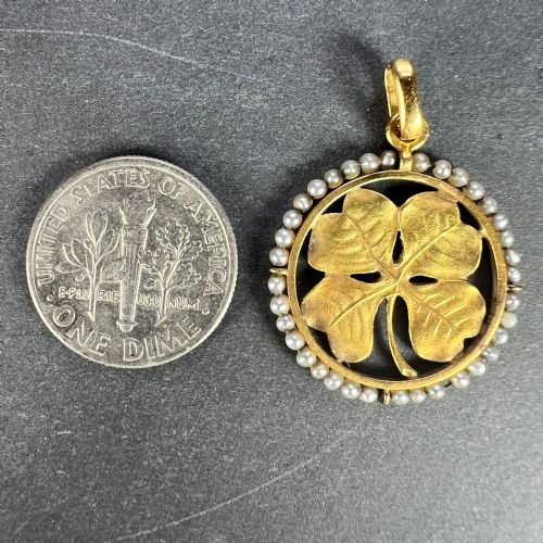 FRENCH LUCKY SHAMROCK FOUR LEAF CLOVER 18K YELLOW GOLD PEARL CHARM PENDANT - ADDITIONAL PHOTO 10