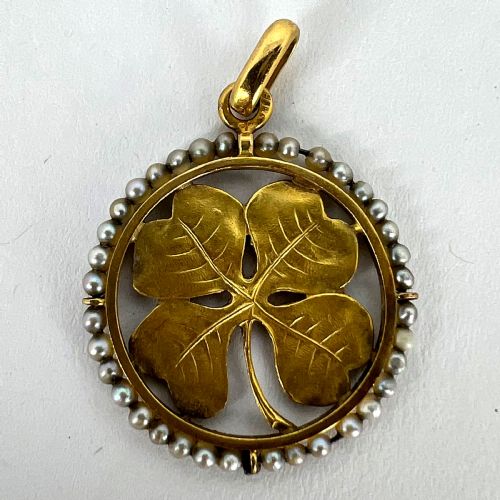 FRENCH LUCKY SHAMROCK FOUR LEAF CLOVER 18K YELLOW GOLD PEARL CHARM PENDANT - ADDITIONAL PHOTO 11