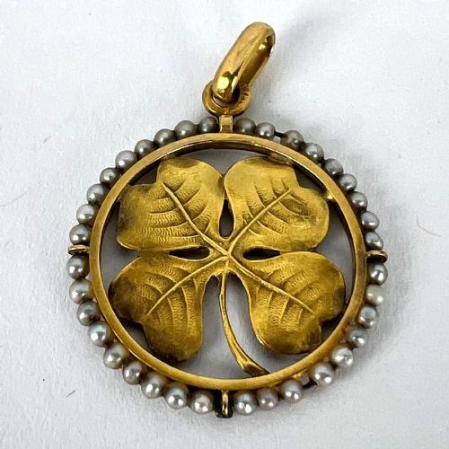 FRENCH LUCKY SHAMROCK FOUR LEAF CLOVER 18K YELLOW GOLD PEARL CHARM PENDANT - ADDITIONAL PHOTO 12
