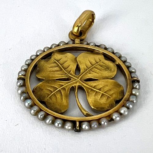 FRENCH LUCKY SHAMROCK FOUR LEAF CLOVER 18K YELLOW GOLD PEARL CHARM PENDANT - ADDITIONAL PHOTO 13