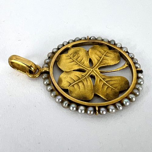 FRENCH LUCKY SHAMROCK FOUR LEAF CLOVER 18K YELLOW GOLD PEARL CHARM PENDANT - ADDITIONAL PHOTO 14