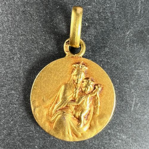 FRENCH DROPSY SACRED HEART MADONNA AND CHILD 18K YELLOW GOLD MEDAL PENDANT - ADDITIONAL PHOTO 2