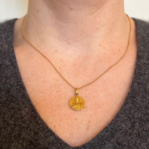 FRENCH DROPSY SACRED HEART MADONNA AND CHILD 18K YELLOW GOLD MEDAL PENDANT - ADDITIONAL PHOTO 3