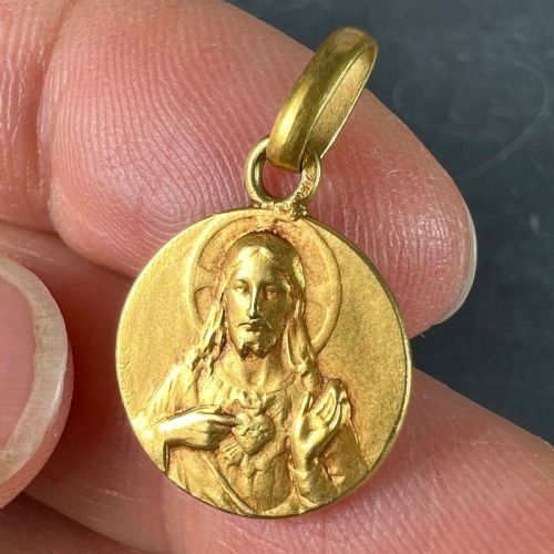 FRENCH DROPSY SACRED HEART MADONNA AND CHILD 18K YELLOW GOLD MEDAL PENDANT - ADDITIONAL PHOTO 4