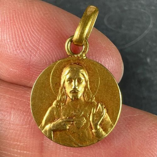 FRENCH DROPSY SACRED HEART MADONNA AND CHILD 18K YELLOW GOLD MEDAL PENDANT - ADDITIONAL PHOTO 5