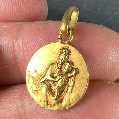FRENCH DROPSY SACRED HEART MADONNA AND CHILD 18K YELLOW GOLD MEDAL PENDANT - ADDITIONAL PHOTO 6