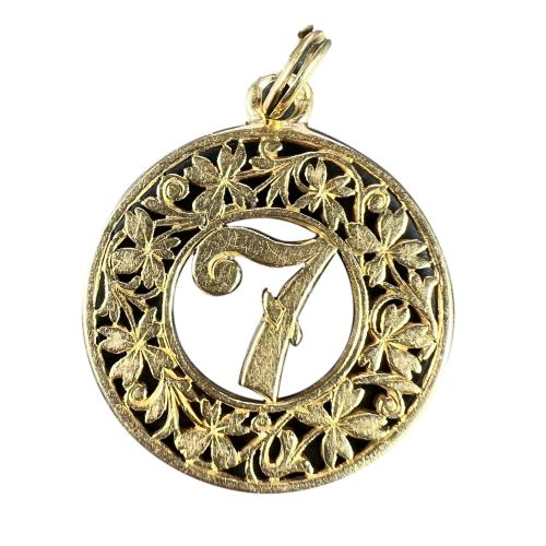 LUCKY 'NUMBER 7' FOUR LEAF CLOVER 18K YELLOW GOLD GOOD LUCK CHARM PENDANT