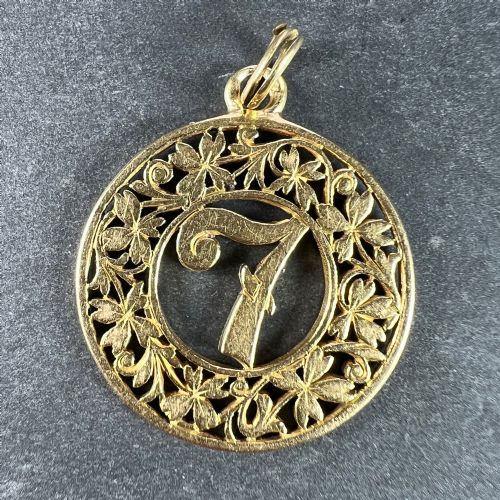 LUCKY 'NUMBER 7' FOUR LEAF CLOVER 18K YELLOW GOLD GOOD LUCK CHARM PENDANT - ADDITIONAL PHOTO 1