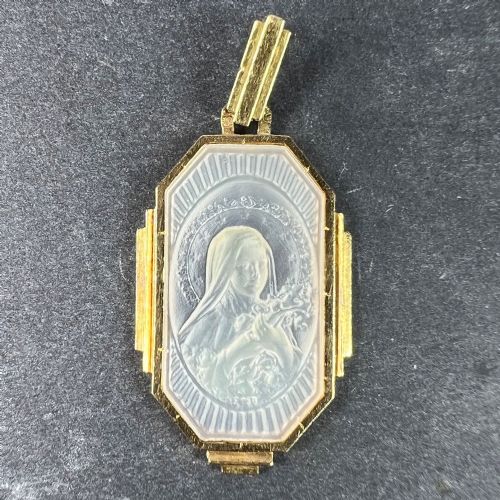 FRENCH ST THERESE MOTHER OF PEARL 18K YELLOW GOLD CHARM PENDANT - ADDITIONAL PHOTO 1