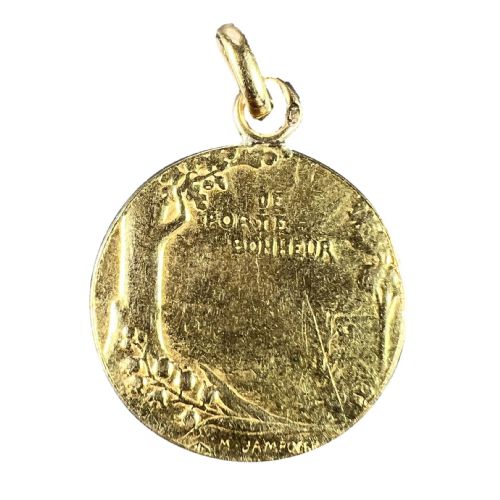 FRENCH BONHEUR GOOD LUCK 18K YELLOW GOLD LUCKY CHARM MEDAL PENDANT