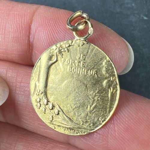 FRENCH BONHEUR GOOD LUCK 18K YELLOW GOLD LUCKY CHARM MEDAL PENDANT - ADDITIONAL PHOTO 5