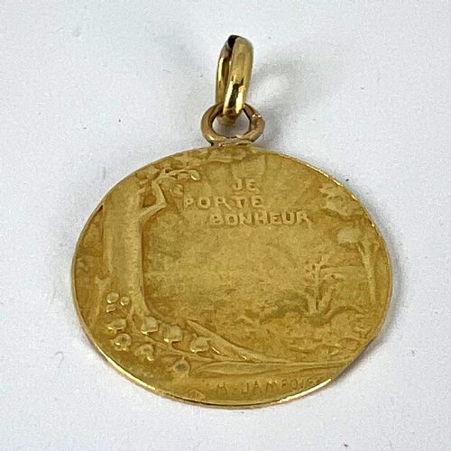 FRENCH BONHEUR GOOD LUCK 18K YELLOW GOLD LUCKY CHARM MEDAL PENDANT - ADDITIONAL PHOTO 14