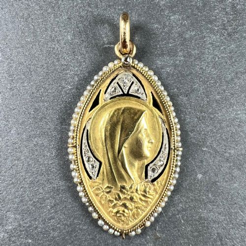 ANTIQUE VIRGIN MARY 18K YELLOW GOLD PEARL DIAMOND MEDAL PENDANT - ADDITIONAL PHOTO 1