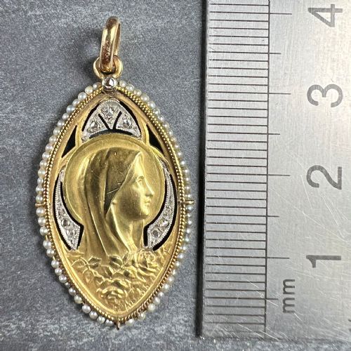 ANTIQUE VIRGIN MARY 18K YELLOW GOLD PEARL DIAMOND MEDAL PENDANT - ADDITIONAL PHOTO 8