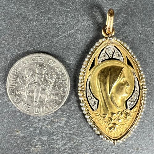 ANTIQUE VIRGIN MARY 18K YELLOW GOLD PEARL DIAMOND MEDAL PENDANT - ADDITIONAL PHOTO 9