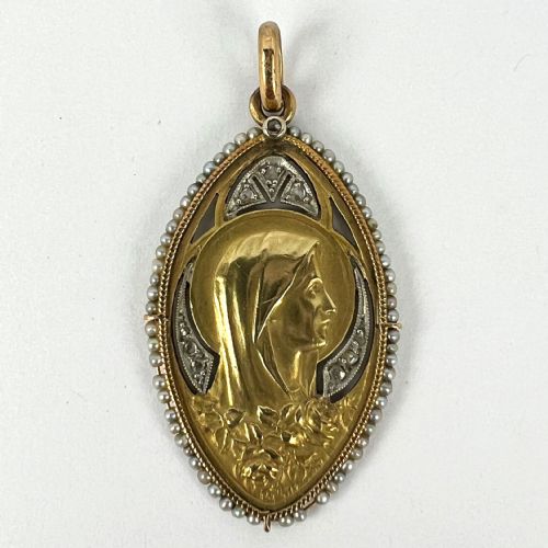 ANTIQUE VIRGIN MARY 18K YELLOW GOLD PEARL DIAMOND MEDAL PENDANT - ADDITIONAL PHOTO 10