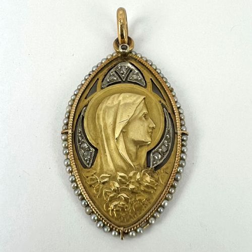 ANTIQUE VIRGIN MARY 18K YELLOW GOLD PEARL DIAMOND MEDAL PENDANT - ADDITIONAL PHOTO 11