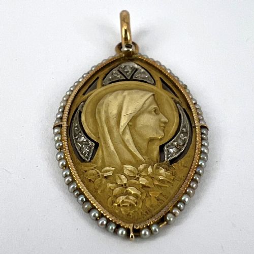 ANTIQUE VIRGIN MARY 18K YELLOW GOLD PEARL DIAMOND MEDAL PENDANT - ADDITIONAL PHOTO 12