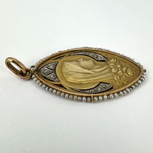 ANTIQUE VIRGIN MARY 18K YELLOW GOLD PEARL DIAMOND MEDAL PENDANT - ADDITIONAL PHOTO 13