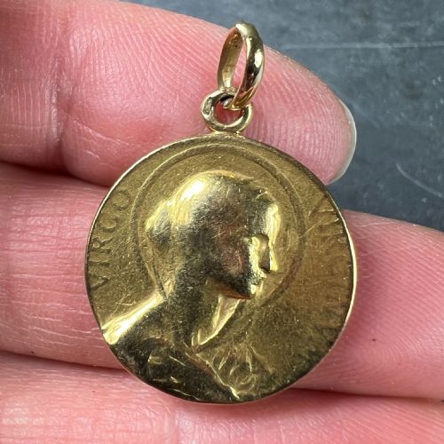 FRENCH 18K YELLOW GOLD VIRGIN MARY VIRGO VIRGINUM MEDAL PENDANT - ADDITIONAL PHOTO 5