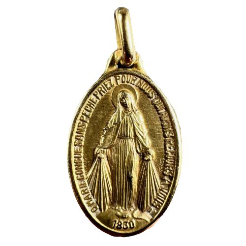 French Augis 18k Yellow Gold Virgin Mary Miraculous Medal Charm Pendant