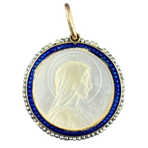 VIRGIN MARY MOTHER OF PEARL ENAMEL 18K YELLOW GOLD PEARL MEDAL PENDANT