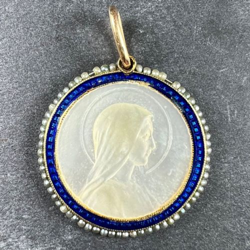 VIRGIN MARY MOTHER OF PEARL ENAMEL 18K YELLOW GOLD PEARL MEDAL PENDANT - ADDITIONAL PHOTO 1