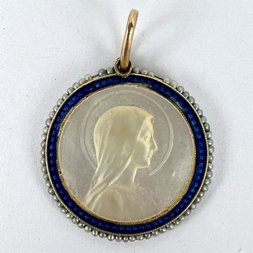 VIRGIN MARY MOTHER OF PEARL ENAMEL 18K YELLOW GOLD PEARL MEDAL PENDANT - ADDITIONAL PHOTO 10