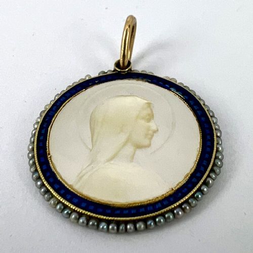 VIRGIN MARY MOTHER OF PEARL ENAMEL 18K YELLOW GOLD PEARL MEDAL PENDANT - ADDITIONAL PHOTO 11