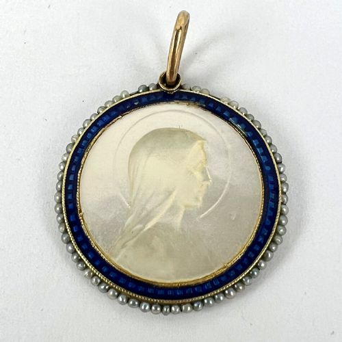 VIRGIN MARY MOTHER OF PEARL ENAMEL 18K YELLOW GOLD PEARL MEDAL PENDANT - ADDITIONAL PHOTO 12