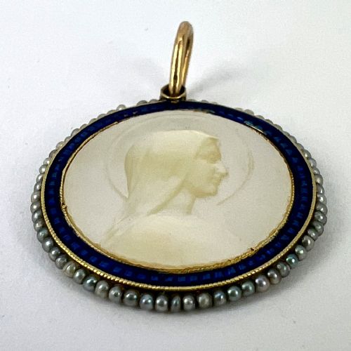 VIRGIN MARY MOTHER OF PEARL ENAMEL 18K YELLOW GOLD PEARL MEDAL PENDANT - ADDITIONAL PHOTO 14