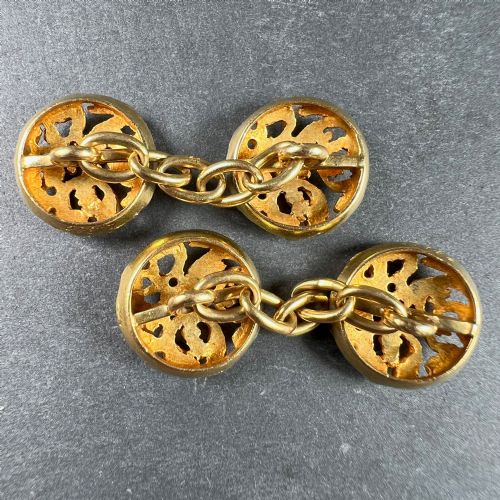 ART NOUVEAU FRENCH MISTLETOE LEAVES 18K YELLOW GOLD CUFFLINKS - ADDITIONAL PHOTO 2