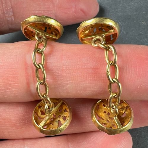 ART NOUVEAU FRENCH MISTLETOE LEAVES 18K YELLOW GOLD CUFFLINKS - ADDITIONAL PHOTO 5