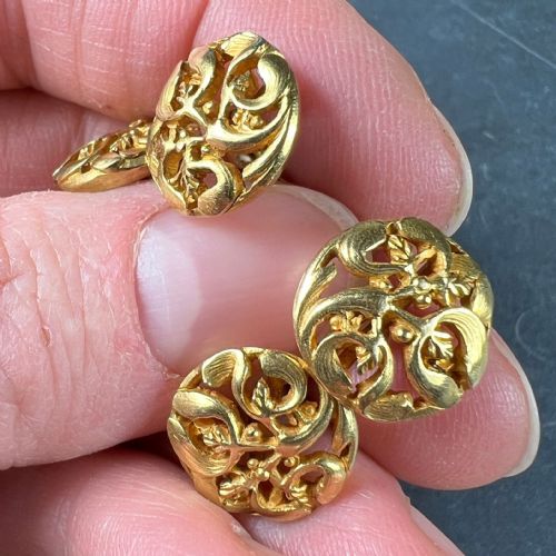 ART NOUVEAU FRENCH MISTLETOE LEAVES 18K YELLOW GOLD CUFFLINKS - ADDITIONAL PHOTO 6