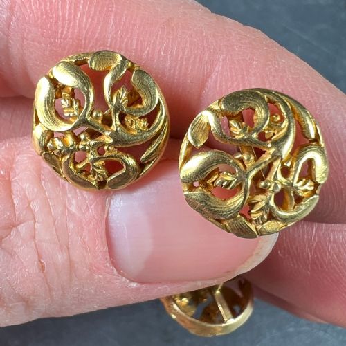 ART NOUVEAU FRENCH MISTLETOE LEAVES 18K YELLOW GOLD CUFFLINKS - ADDITIONAL PHOTO 7