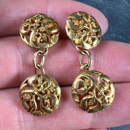ART NOUVEAU FRENCH MISTLETOE LEAVES 18K YELLOW GOLD CUFFLINKS - ADDITIONAL PHOTO 9