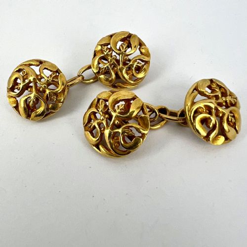 ART NOUVEAU FRENCH MISTLETOE LEAVES 18K YELLOW GOLD CUFFLINKS - ADDITIONAL PHOTO 13