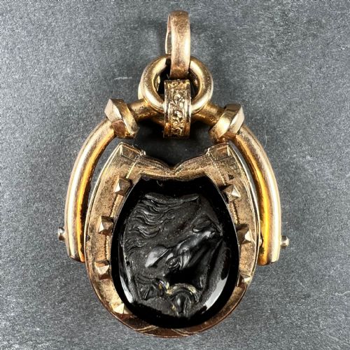 HORSESHOE ONYX HORSE CAMEO 18K ROSE GOLD PENDANT LOCKET - ADDITIONAL PHOTO 1