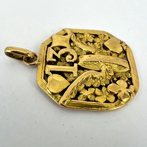 GOOD LUCK 13 HERMES WHEEL CARDS CLOVER 18K YELLOW GOLD LUCKY CHARM PENDANT - ADDITIONAL PHOTO 14