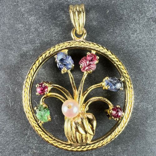 DOUBLE SIDED FLOWER VASE 18K YELLOW GOLD CARVED SAPPHIRE RUBY EMERALD PENDANT - ADDITIONAL PHOTO 1
